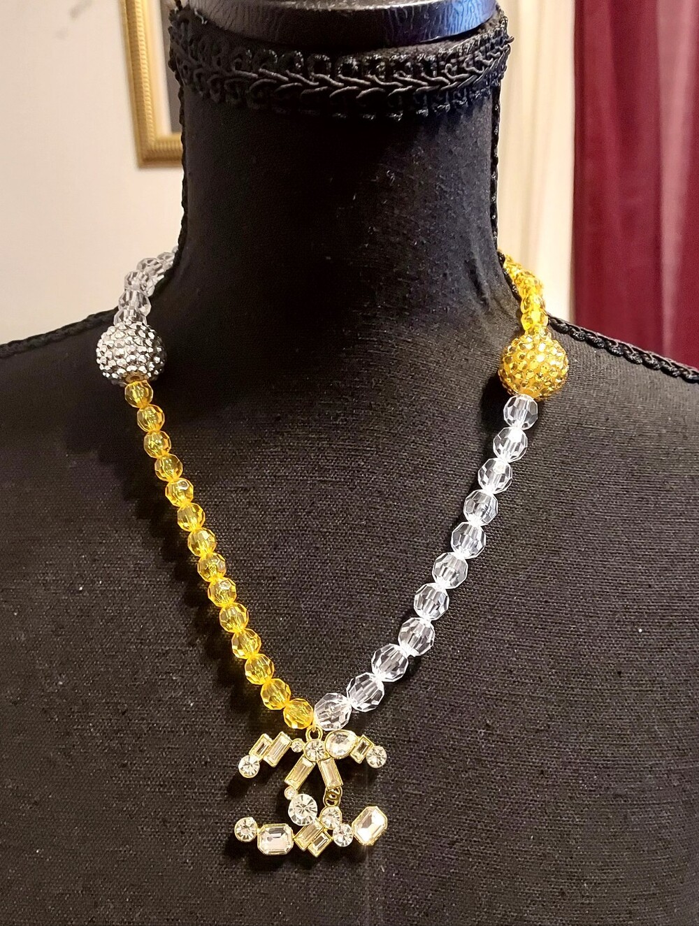 Handmade Yellow & Clear Crystal Necklace with Logo Pendant